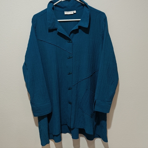 Habitat Boxy Shirt Large Turquoise Oversized Button Up Flowy Women's - Picture 1 of 8